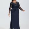 Formal & Evening | Trumpet/Mermaid Boat Neck Illusion Sweep Train Lace Jersey Evening Dress With Sequins Dark Navy – Womens