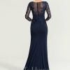 Formal & Evening | Trumpet/Mermaid Boat Neck Illusion Sweep Train Lace Jersey Evening Dress With Sequins Dark Navy – Womens