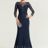 Formal & Evening | Trumpet/Mermaid Boat Neck Illusion Sweep Train Lace Jersey Evening Dress With Sequins Dark Navy – Womens