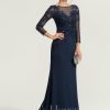 Formal & Evening | Trumpet/Mermaid Boat Neck Illusion Sweep Train Lace Jersey Evening Dress With Sequins Dark Navy – Womens