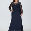 Formal & Evening | Trumpet/Mermaid Boat Neck Illusion Sweep Train Lace Jersey Evening Dress With Sequins Dark Navy – Womens