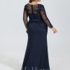 Formal & Evening | Trumpet/Mermaid Boat Neck Illusion Sweep Train Lace Jersey Evening Dress With Sequins Dark Navy – Womens