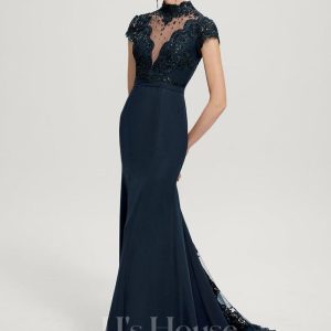 Formal & Evening | Trumpet/Mermaid High Neck Illusion Sweep Train Lace Chiffon Evening Dress With Sequins Dark Navy – Womens