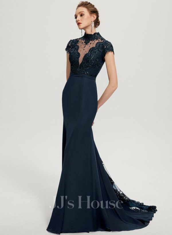 Formal & Evening | Trumpet/Mermaid High Neck Illusion Sweep Train Lace Chiffon Evening Dress With Sequins Dark Navy – Womens