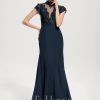 Formal & Evening | Trumpet/Mermaid High Neck Illusion Sweep Train Lace Chiffon Evening Dress With Sequins Dark Navy – Womens