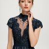 Formal & Evening | Trumpet/Mermaid High Neck Illusion Sweep Train Lace Chiffon Evening Dress With Sequins Dark Navy – Womens