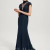 Formal & Evening | Trumpet/Mermaid High Neck Illusion Sweep Train Lace Chiffon Evening Dress With Sequins Dark Navy – Womens