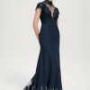 Formal & Evening | Trumpet/Mermaid High Neck Illusion Sweep Train Lace Chiffon Evening Dress With Sequins Dark Navy – Womens