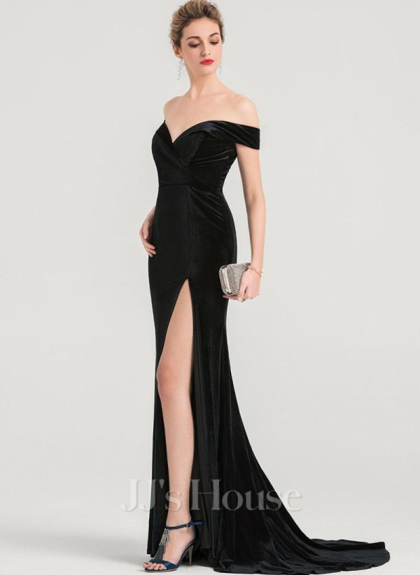 Formal & Evening | Trumpet/Mermaid Off the Shoulder Sweep Train Velvet Evening Dress Black – Womens