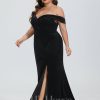 Formal & Evening | Trumpet/Mermaid Off the Shoulder Sweep Train Velvet Evening Dress Black – Womens