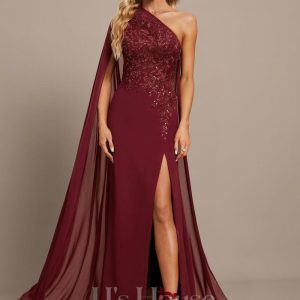 Formal & Evening | Trumpet/Mermaid One Shoulder Floor-Length Lace Chiffon Evening Dress With Sequins As Picture – Womens