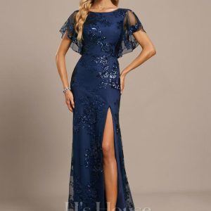 Formal & Evening | Trumpet/Mermaid Scoop Floor-Length Lace Sequin Evening Dress Navy Blue – Womens