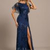 Formal & Evening | Trumpet/Mermaid Scoop Floor-Length Lace Sequin Evening Dress Navy Blue – Womens