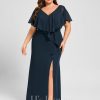 Formal & Evening | Trumpet/Mermaid V-Neck Floor-Length Chiffon Evening Dress With Cascading Ruffles Dark Navy – Womens