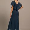 Formal & Evening | Trumpet/Mermaid V-Neck Floor-Length Chiffon Evening Dress With Cascading Ruffles Dark Navy – Womens