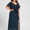 Formal & Evening | Trumpet/Mermaid V-Neck Floor-Length Chiffon Evening Dress With Cascading Ruffles Dark Navy – Womens