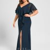 Formal & Evening | Trumpet/Mermaid V-Neck Floor-Length Chiffon Evening Dress With Cascading Ruffles Dark Navy – Womens