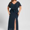 Formal & Evening | Trumpet/Mermaid V-Neck Floor-Length Chiffon Evening Dress With Cascading Ruffles Dark Navy – Womens