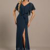 Formal & Evening | Trumpet/Mermaid V-Neck Floor-Length Chiffon Evening Dress With Cascading Ruffles Dark Navy – Womens