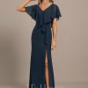 Formal & Evening | Trumpet/Mermaid V-Neck Floor-Length Chiffon Evening Dress With Cascading Ruffles Dark Navy – Womens