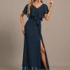 Formal & Evening | Trumpet/Mermaid V-Neck Floor-Length Chiffon Evening Dress With Cascading Ruffles Dark Navy – Womens