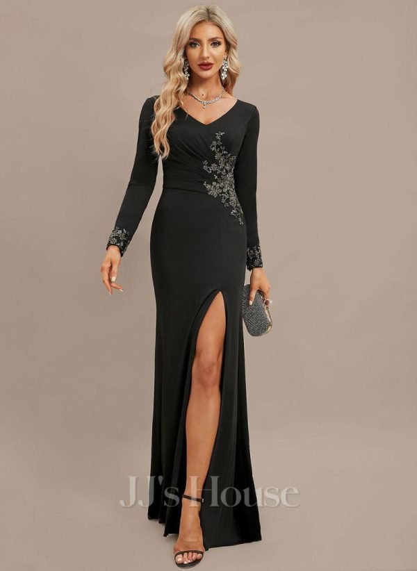 Formal & Evening | Trumpet/Mermaid V-Neck Floor-Length Jersey Evening Dress With Pleated Appliques Lace Black – Womens