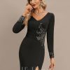 Formal & Evening | Trumpet/Mermaid V-Neck Floor-Length Jersey Evening Dress With Pleated Appliques Lace Black – Womens