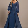 Formal & Evening | Trumpet/Mermaid V-Neck Floor-Length Lace Chiffon Evening Dress With Sequins Navy Blue – Womens