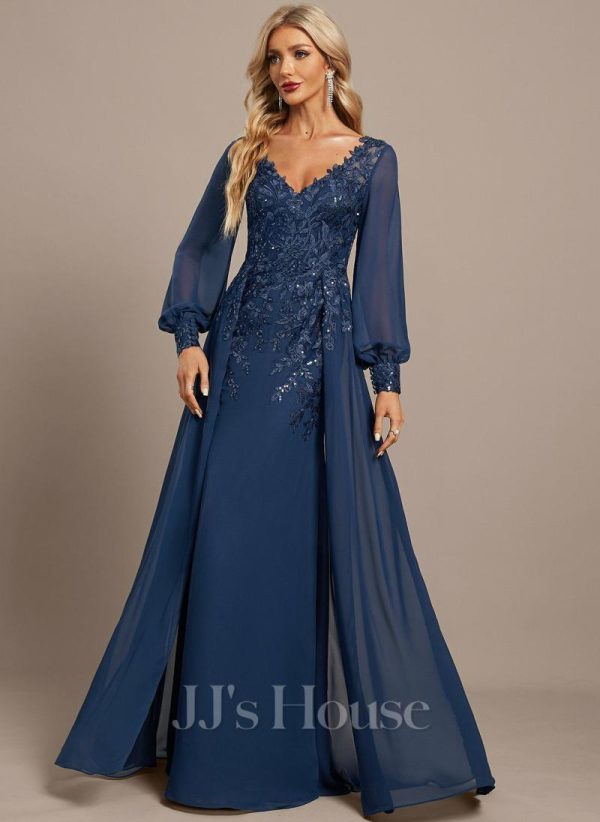 Formal & Evening | Trumpet/Mermaid V-Neck Floor-Length Lace Chiffon Evening Dress With Sequins Navy Blue – Womens