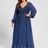 Formal & Evening | Trumpet/Mermaid V-Neck Floor-Length Lace Chiffon Evening Dress With Sequins Navy Blue – Womens