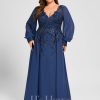 Formal & Evening | Trumpet/Mermaid V-Neck Floor-Length Lace Chiffon Evening Dress With Sequins Navy Blue – Womens