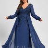 Formal & Evening | Trumpet/Mermaid V-Neck Floor-Length Lace Chiffon Evening Dress With Sequins Navy Blue – Womens