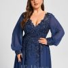 Formal & Evening | Trumpet/Mermaid V-Neck Floor-Length Lace Chiffon Evening Dress With Sequins Navy Blue – Womens