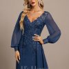 Formal & Evening | Trumpet/Mermaid V-Neck Floor-Length Lace Chiffon Evening Dress With Sequins Navy Blue – Womens