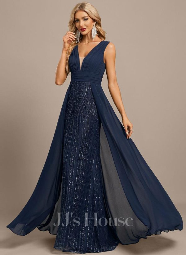 Formal & Evening | Trumpet/Mermaid V-Neck Floor-Length Lace Sequin Chiffon Evening Dress With Pleated As Picture – Womens