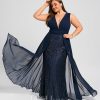 Formal & Evening | Trumpet/Mermaid V-Neck Floor-Length Lace Sequin Chiffon Evening Dress With Pleated As Picture – Womens