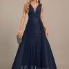 Formal & Evening | Trumpet/Mermaid V-Neck Floor-Length Lace Sequin Chiffon Evening Dress With Pleated As Picture – Womens