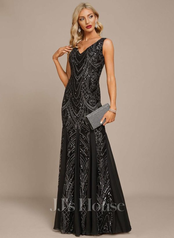 Formal & Evening | Trumpet/Mermaid V-Neck Floor-Length Sequin Chiffon Evening Dress Black – Womens