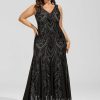 Formal & Evening | Trumpet/Mermaid V-Neck Floor-Length Sequin Chiffon Evening Dress Black – Womens