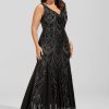 Formal & Evening | Trumpet/Mermaid V-Neck Floor-Length Sequin Chiffon Evening Dress Black – Womens