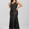 Formal & Evening | Trumpet/Mermaid V-Neck Floor-Length Sequin Chiffon Evening Dress Black – Womens