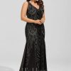 Formal & Evening | Trumpet/Mermaid V-Neck Floor-Length Sequin Chiffon Evening Dress Black – Womens