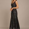 Formal & Evening | Trumpet/Mermaid V-Neck Floor-Length Sequin Chiffon Evening Dress Black – Womens