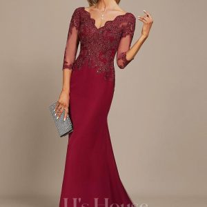 Formal & Evening | Trumpet/Mermaid V-Neck Sweep Train Lace Chiffon Evening Dress With Sequins Burgundy – Womens