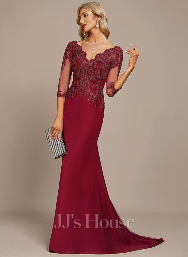 Formal & Evening | Trumpet/Mermaid V-Neck Sweep Train Lace Chiffon Evening Dress With Sequins Burgundy – Womens