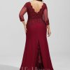 Formal & Evening | Trumpet/Mermaid V-Neck Sweep Train Lace Chiffon Evening Dress With Sequins Burgundy – Womens