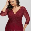 Formal & Evening | Trumpet/Mermaid V-Neck Sweep Train Lace Chiffon Evening Dress With Sequins Burgundy – Womens