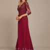 Formal & Evening | Trumpet/Mermaid V-Neck Sweep Train Lace Chiffon Evening Dress With Sequins Burgundy – Womens