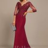 Formal & Evening | Trumpet/Mermaid V-Neck Sweep Train Lace Chiffon Evening Dress With Sequins Burgundy – Womens