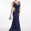 Formal & Evening | Trumpet/Mermaid V-Neck Sweep Train Stretch Crepe Evening Dress With Pleated Appliques Lace Dark Navy – Womens